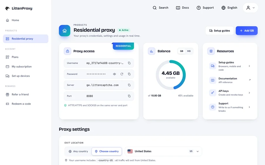 LittenHub dashboard showing residential proxy credentials and balance